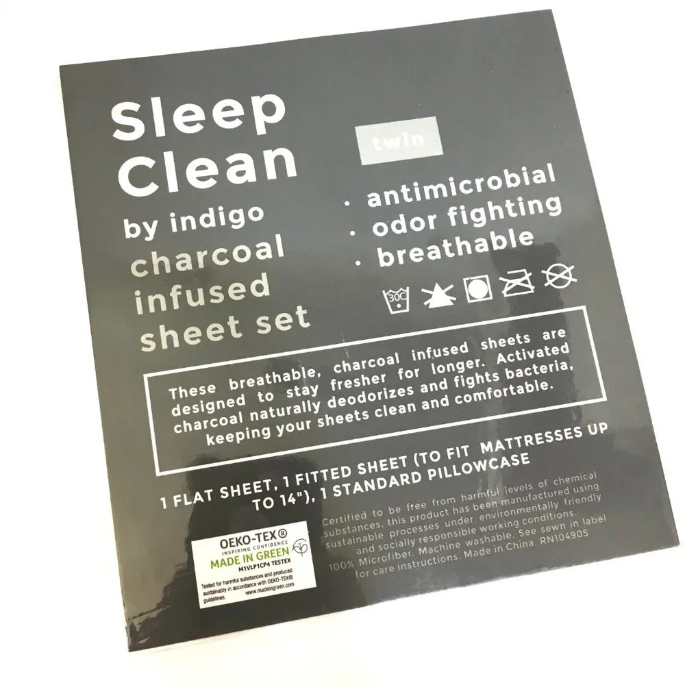 Indigo 3 pc Sheet Set Sleep Clean Twin White Charcoal Infused NWOT